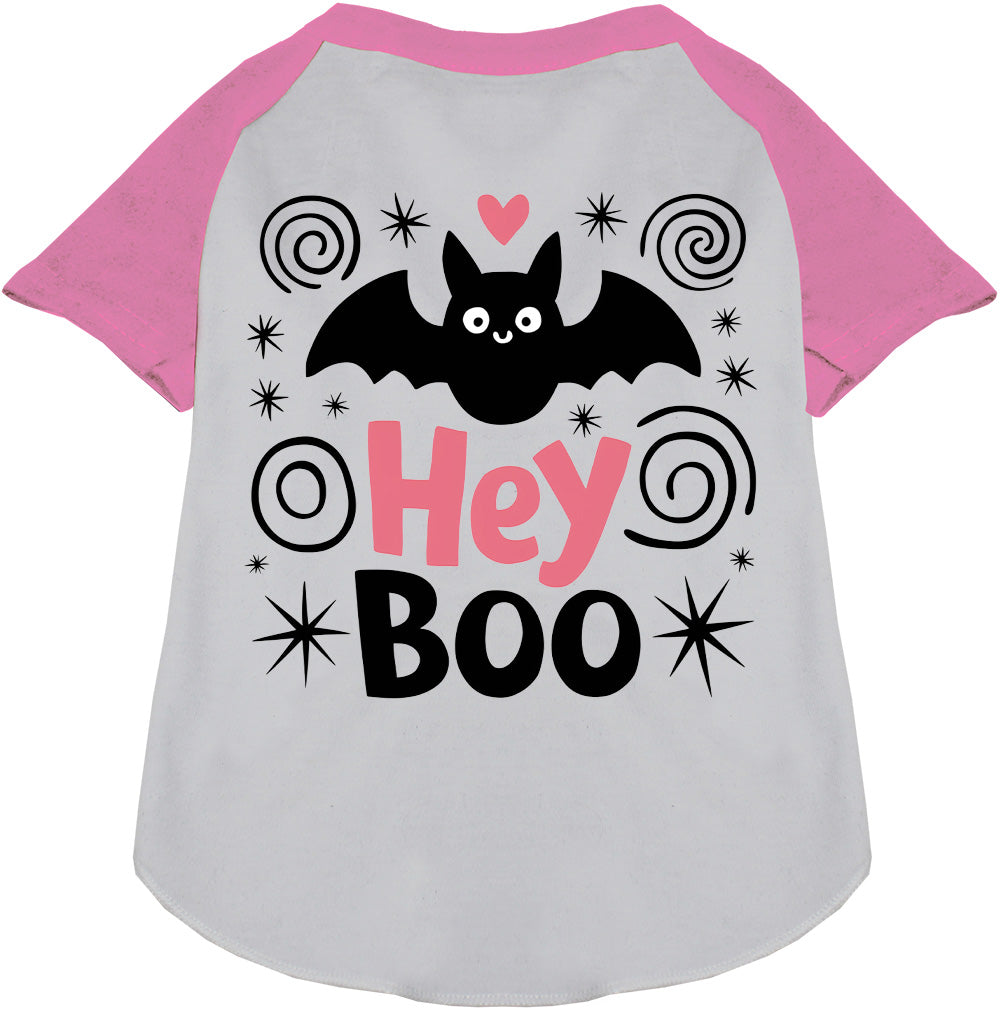 Pet raglan shirt, white body with bright pink sleeves, “Hey Boo” cat graphic