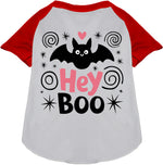 Pet raglan shirt, white body with red sleeves, “Hey Boo” cat graphic
