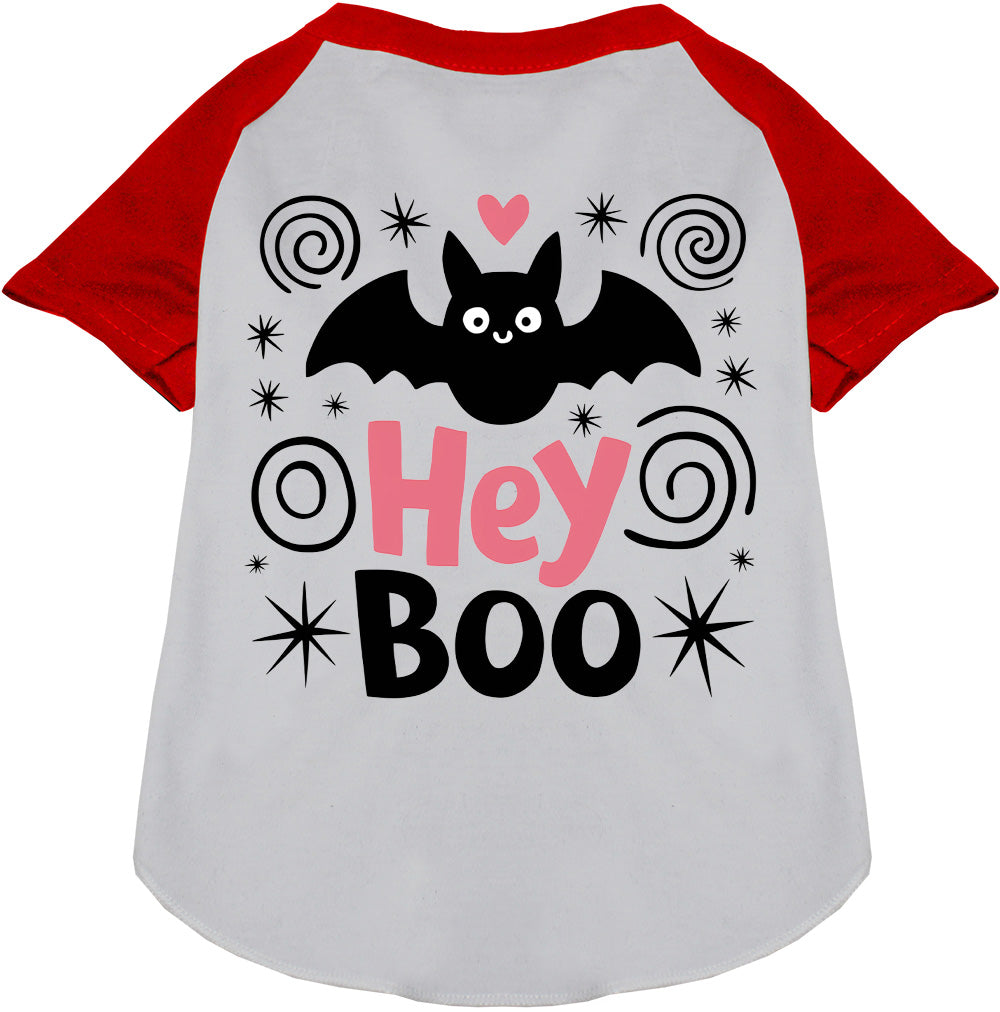 Pet raglan shirt, white body with red sleeves, “Hey Boo” cat graphic
