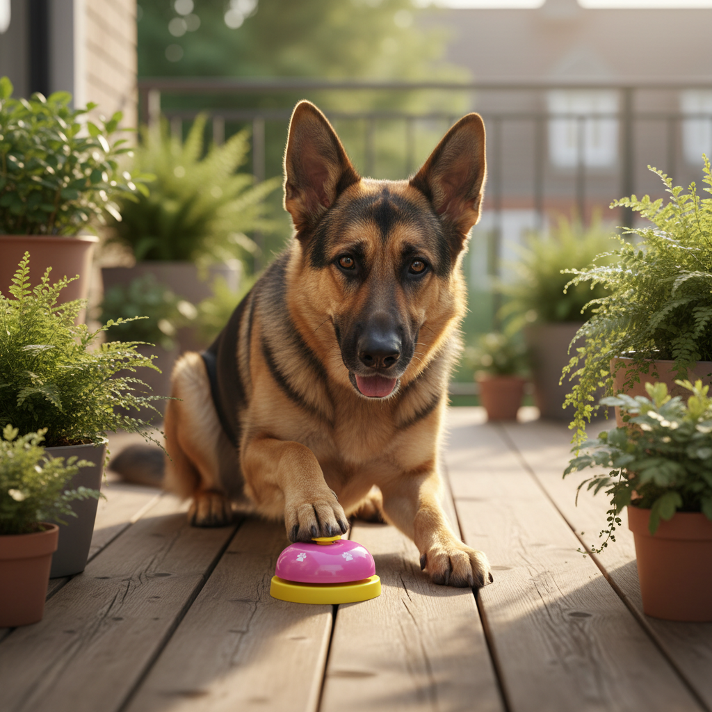 Pink paw press pet training bell with yellow rim and paw-print button