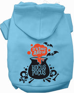 Light blue pet hoodie with hood and “HOCUS POCUS” cauldron Halloween graphic