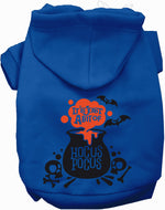 Blue pet hoodie with hood and “HOCUS POCUS” cauldron Halloween graphic