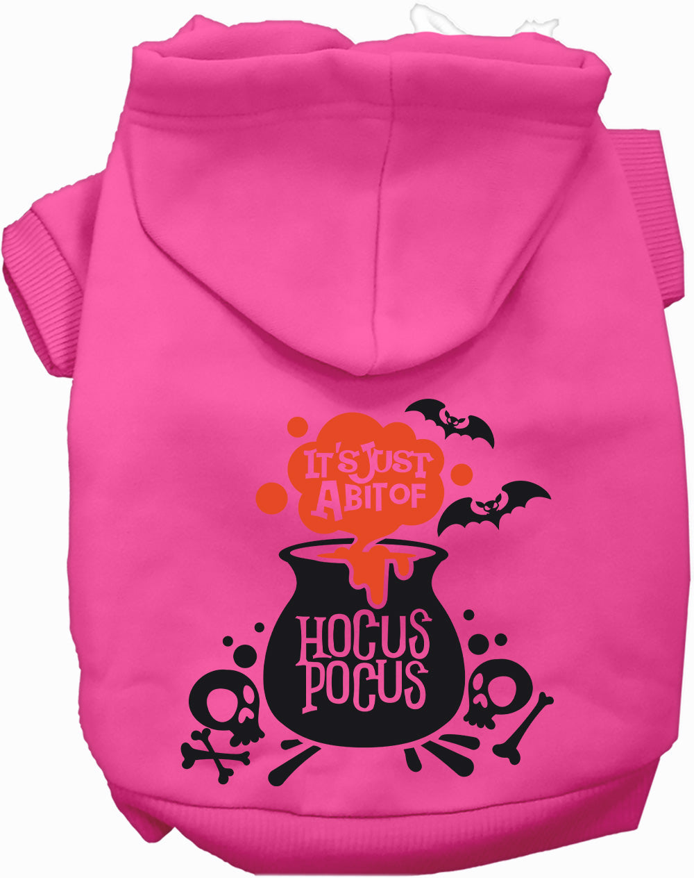 Pink pet hoodie with hood and “HOCUS POCUS” cauldron Halloween graphic