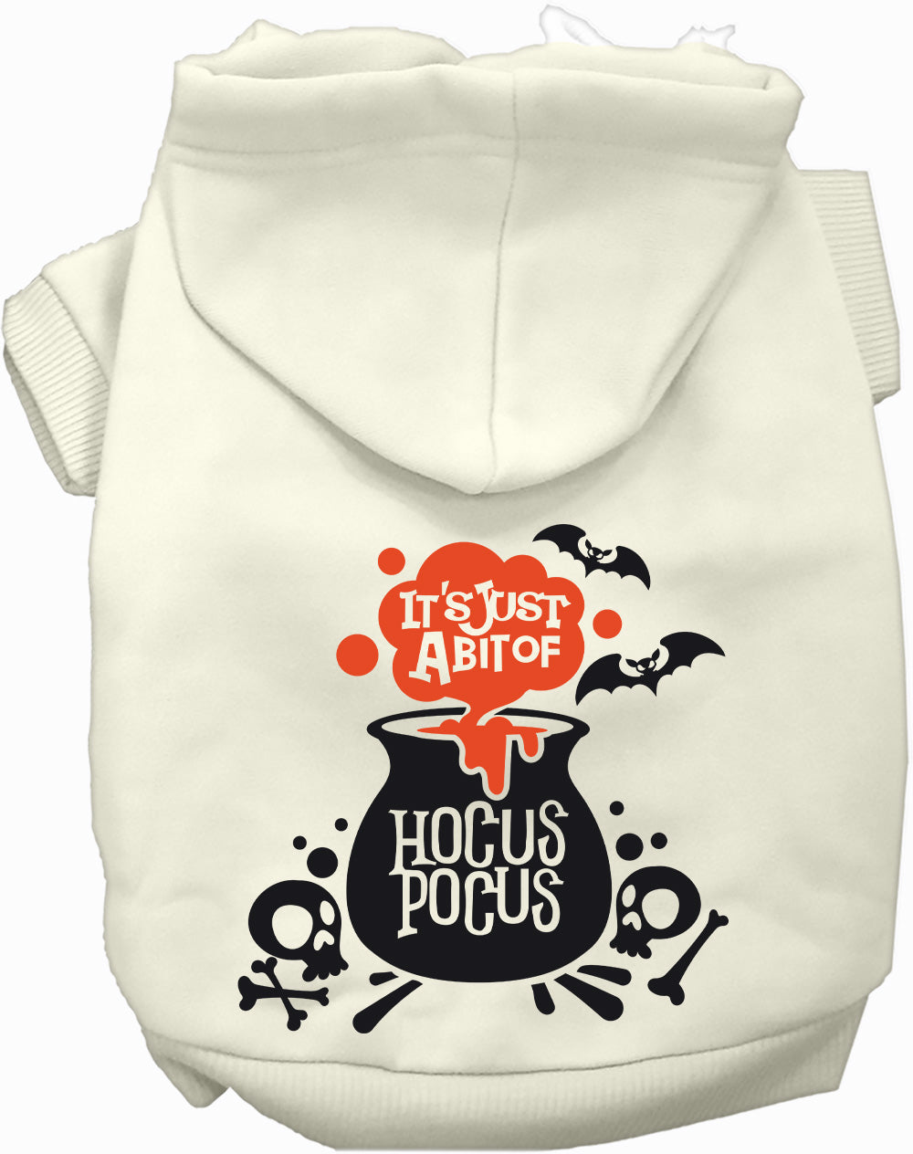 Cream pet hoodie with hood and “HOCUS POCUS” cauldron Halloween graphic