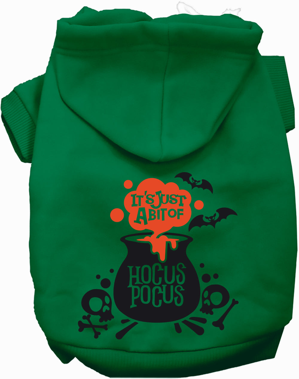Green pet hoodie with hood and “HOCUS POCUS” cauldron Halloween graphic