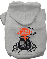 Gray pet hoodie with hood and “HOCUS POCUS” cauldron Halloween graphic