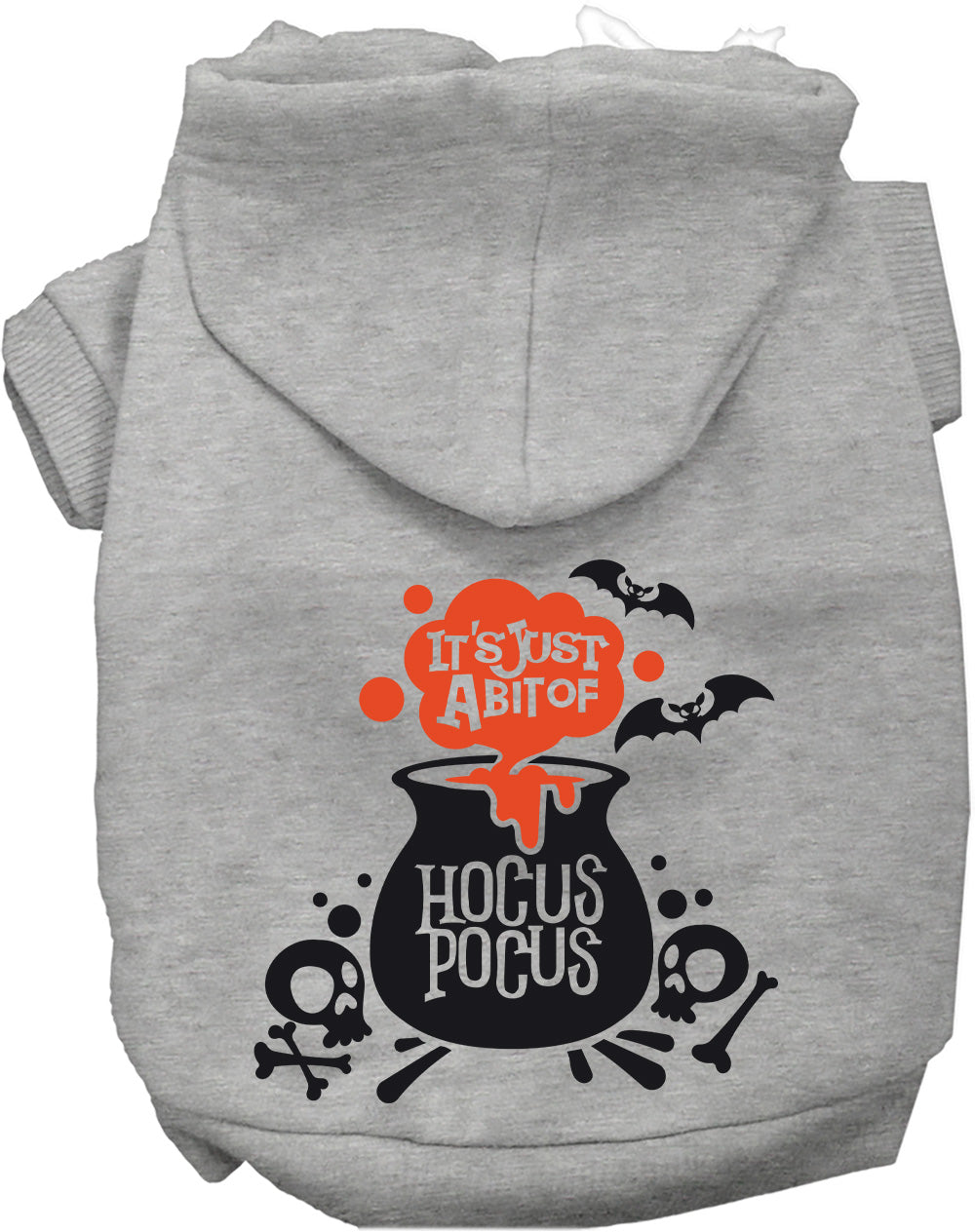 Gray pet hoodie with hood and “HOCUS POCUS” cauldron Halloween graphic