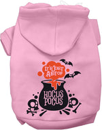 Light pink pet hoodie with hood and “HOCUS POCUS” cauldron Halloween graphic