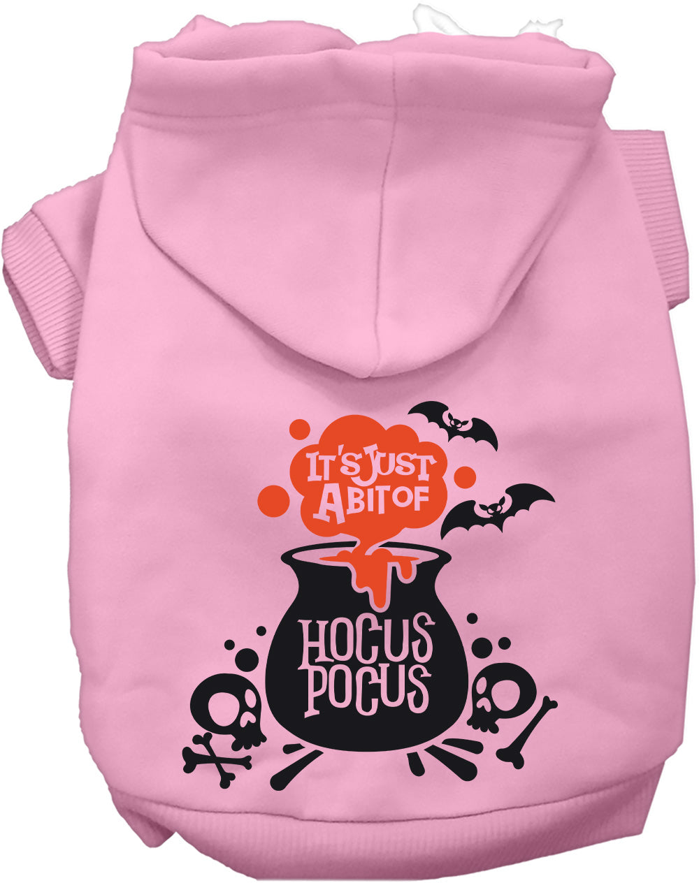 Light pink pet hoodie with hood and “HOCUS POCUS” cauldron Halloween graphic