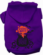 Purple pet hoodie with hood and “HOCUS POCUS” cauldron Halloween graphic