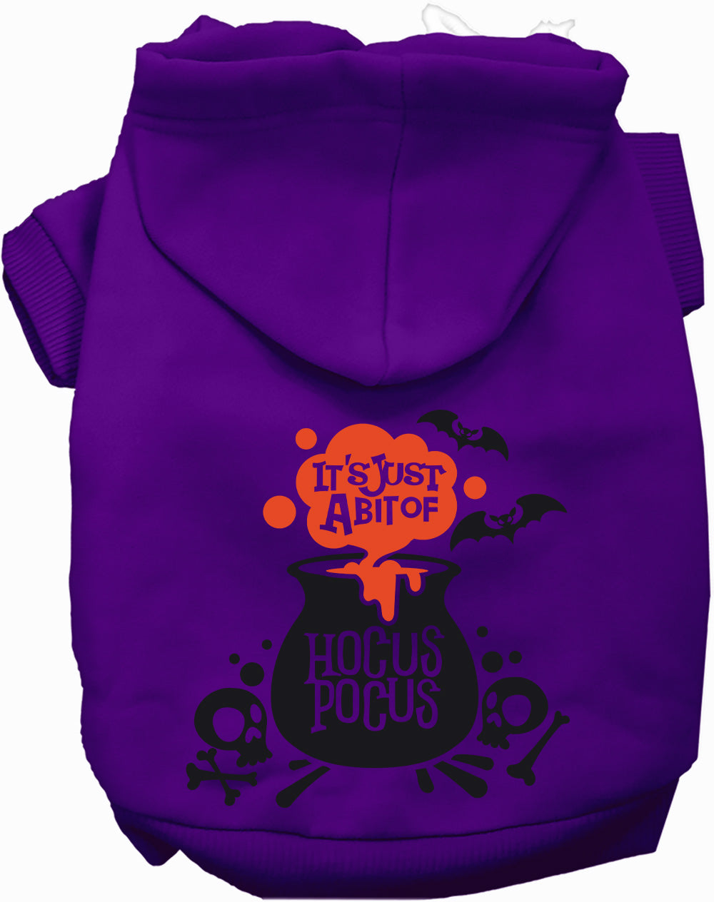 Purple pet hoodie with hood and “HOCUS POCUS” cauldron Halloween graphic