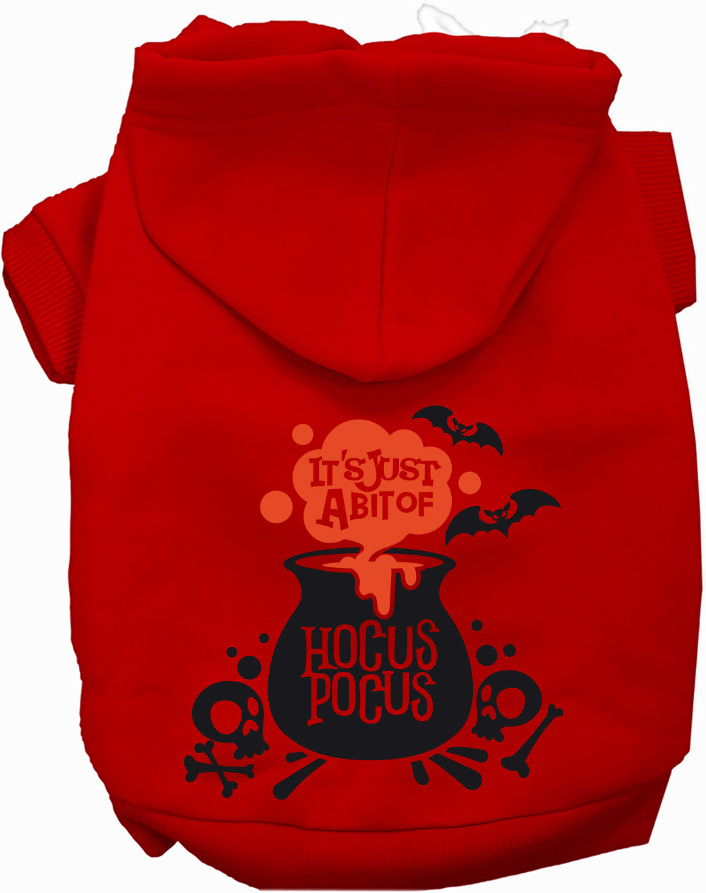 Red pet hoodie with hood and “HOCUS POCUS” cauldron Halloween graphic