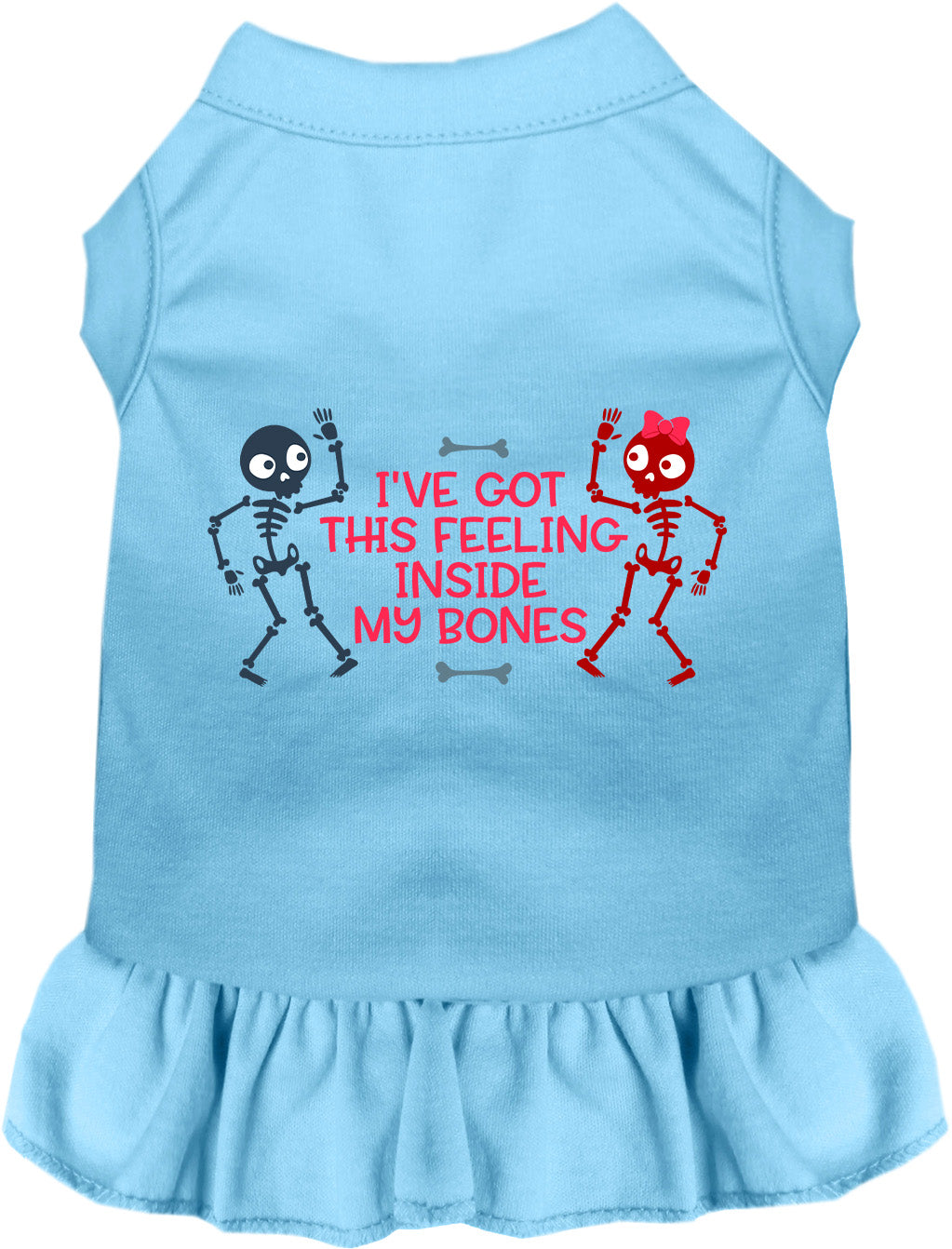 Baby blue sleeveless pet dress with ruffled hem and skeleton graphic on front