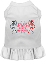 White sleeveless pet dress with ruffled hem and skeleton graphic on front