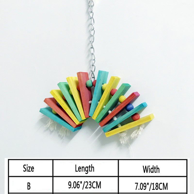 Parrot nibble toy: rainbow flat wood slats with soft fringe and hanging chain