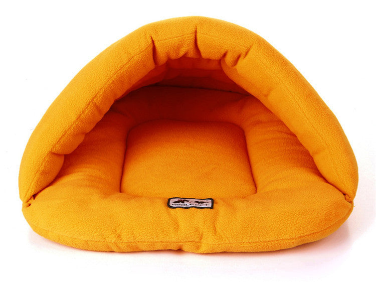 Orange pet cave sleeping bag with cushioned inner bed and logo patch