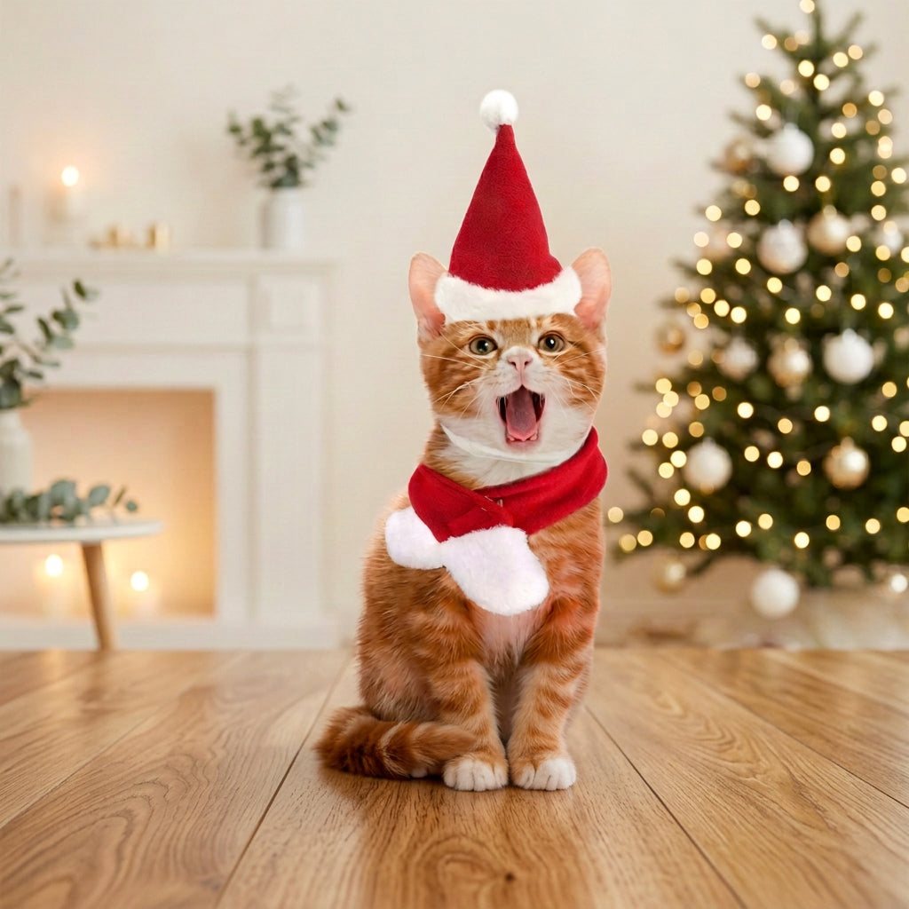 Cat wearing a red Santa hat with white trim and a red-and-white scarf set