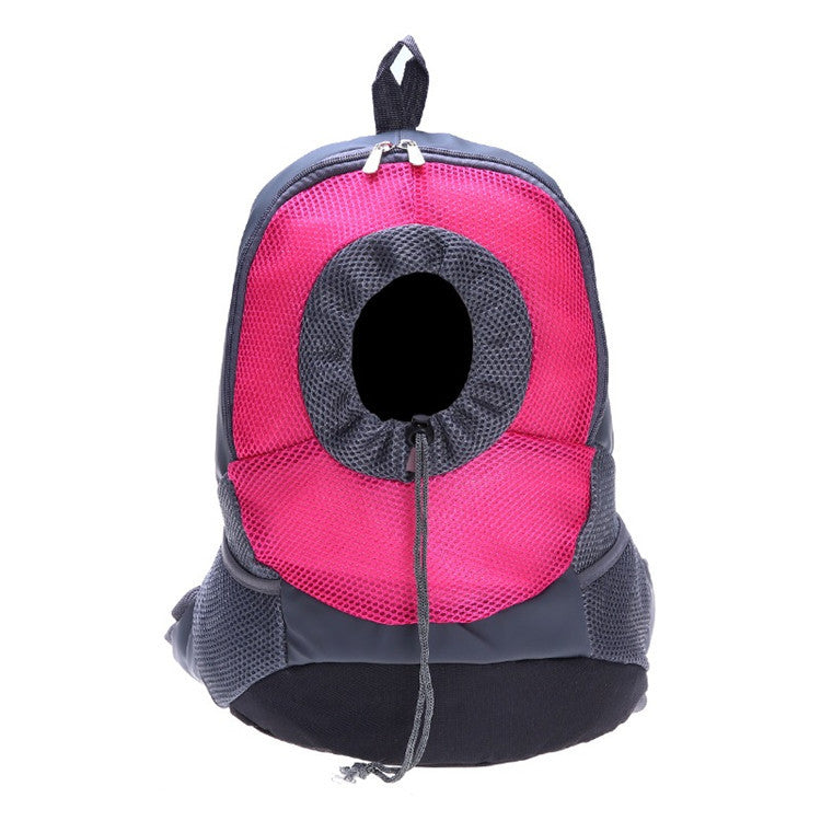 Pet travel backpack rose red front, dark trim, and circular mesh pet window