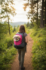 Pet travel backpack with maroon mesh front, worn with a small dog sitting inside