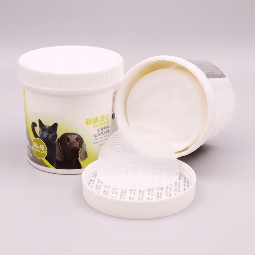 Pet eye tear stain wipes container with open lid and circular wipe pad