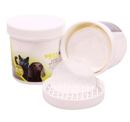 Pet eye wipe paper towels in white round container with pull-off lid