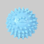 Light blue spiky dog throwing ball with raised paw print