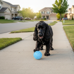 Light blue spiky dog throwing ball toy with paw print