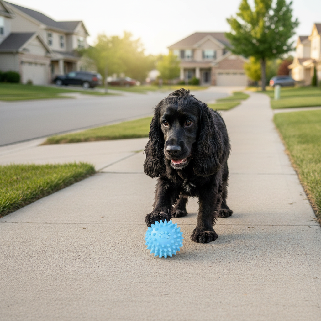 Light blue spiky dog throwing ball toy with paw print