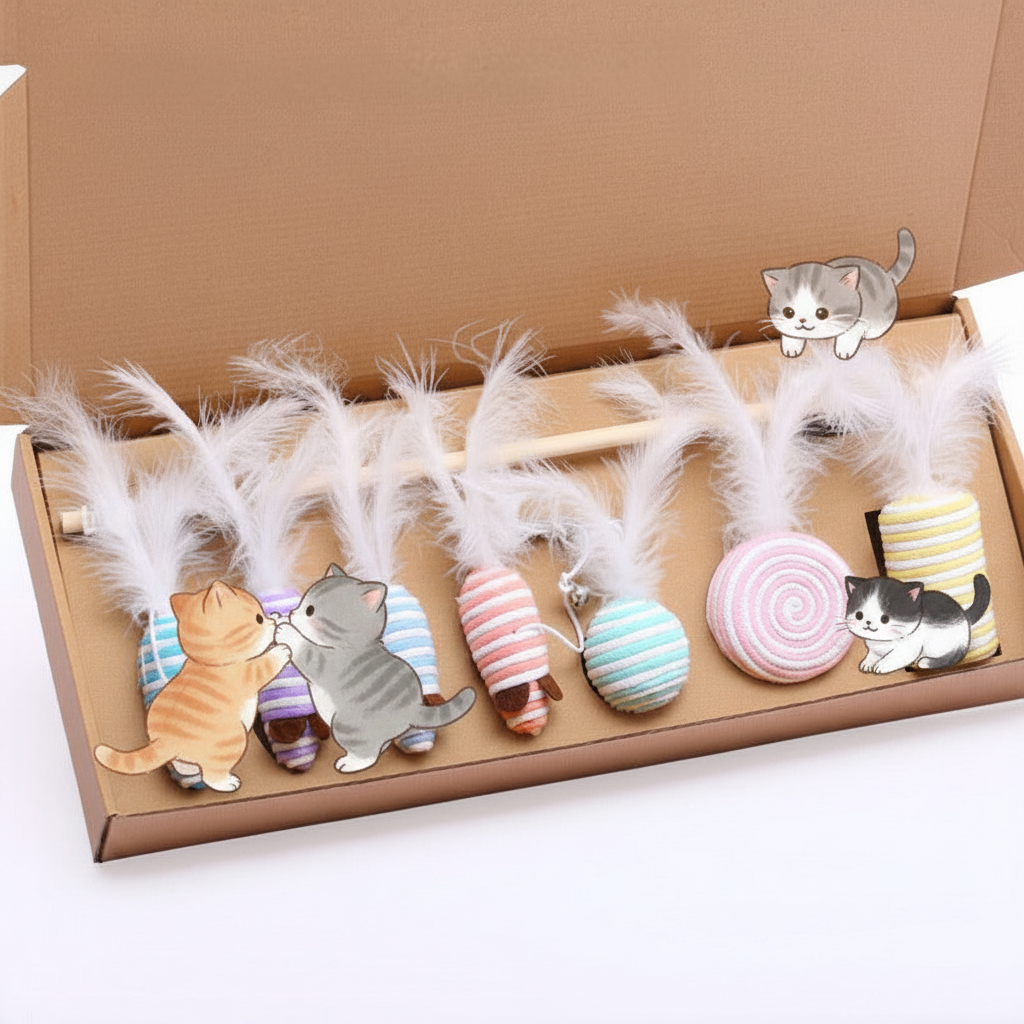 Cat interactive toy gift set in open box with feather wand and striped plush mice