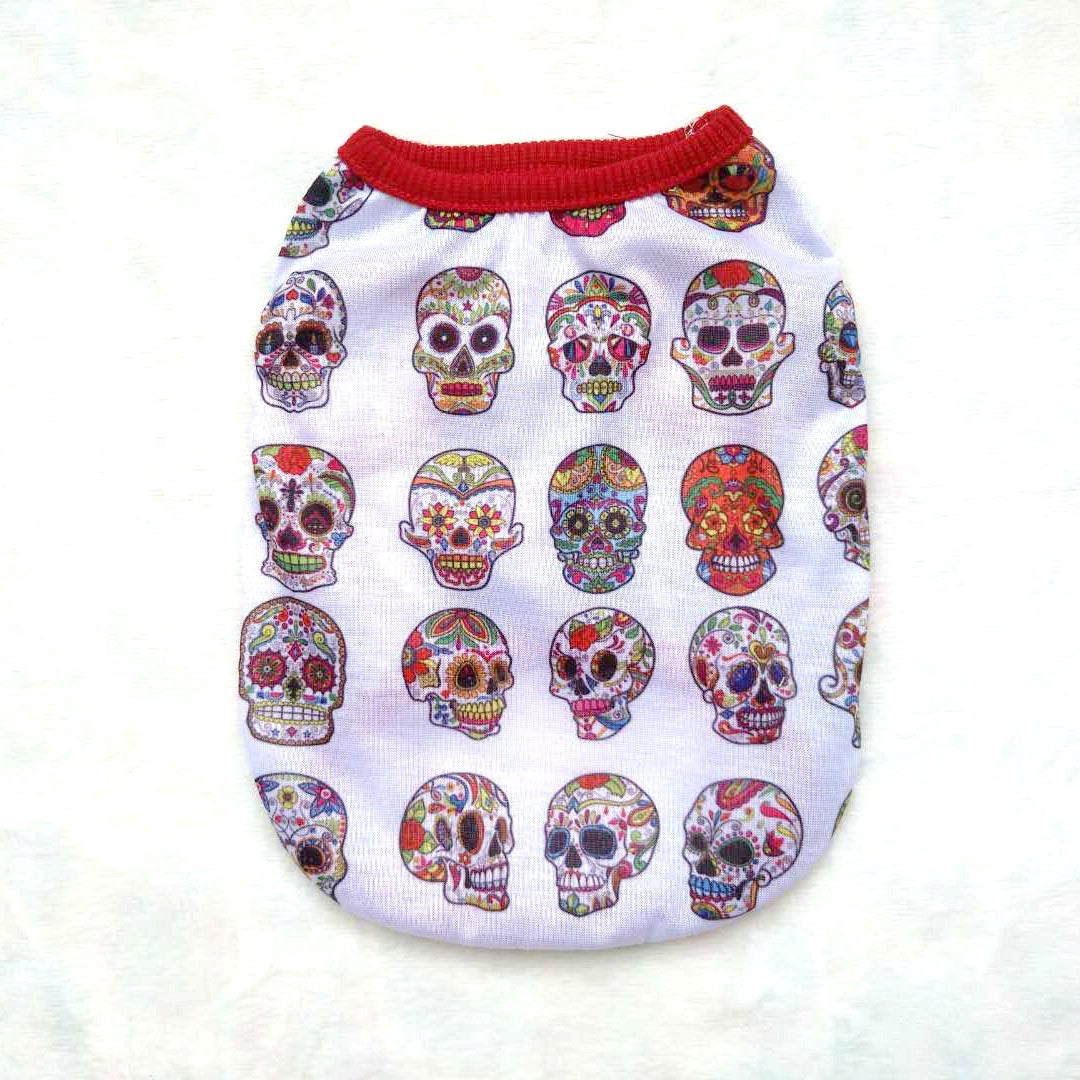 Skull Halloween pet shirt, white with colorful sugar skulls, red rib collar