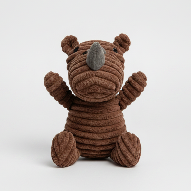 Brown bear plush pet toy with rounded ears, ribbed body, and gray nose