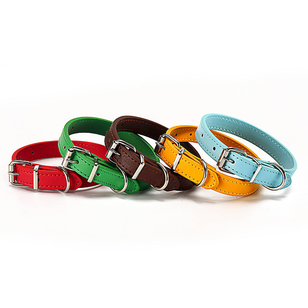 Five PU leather dog collars in red, coffee brown, sky blue, green, and gold