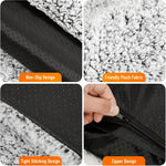 Pet mattress close-up: black non-slip backing, gray plush top, zipper opening