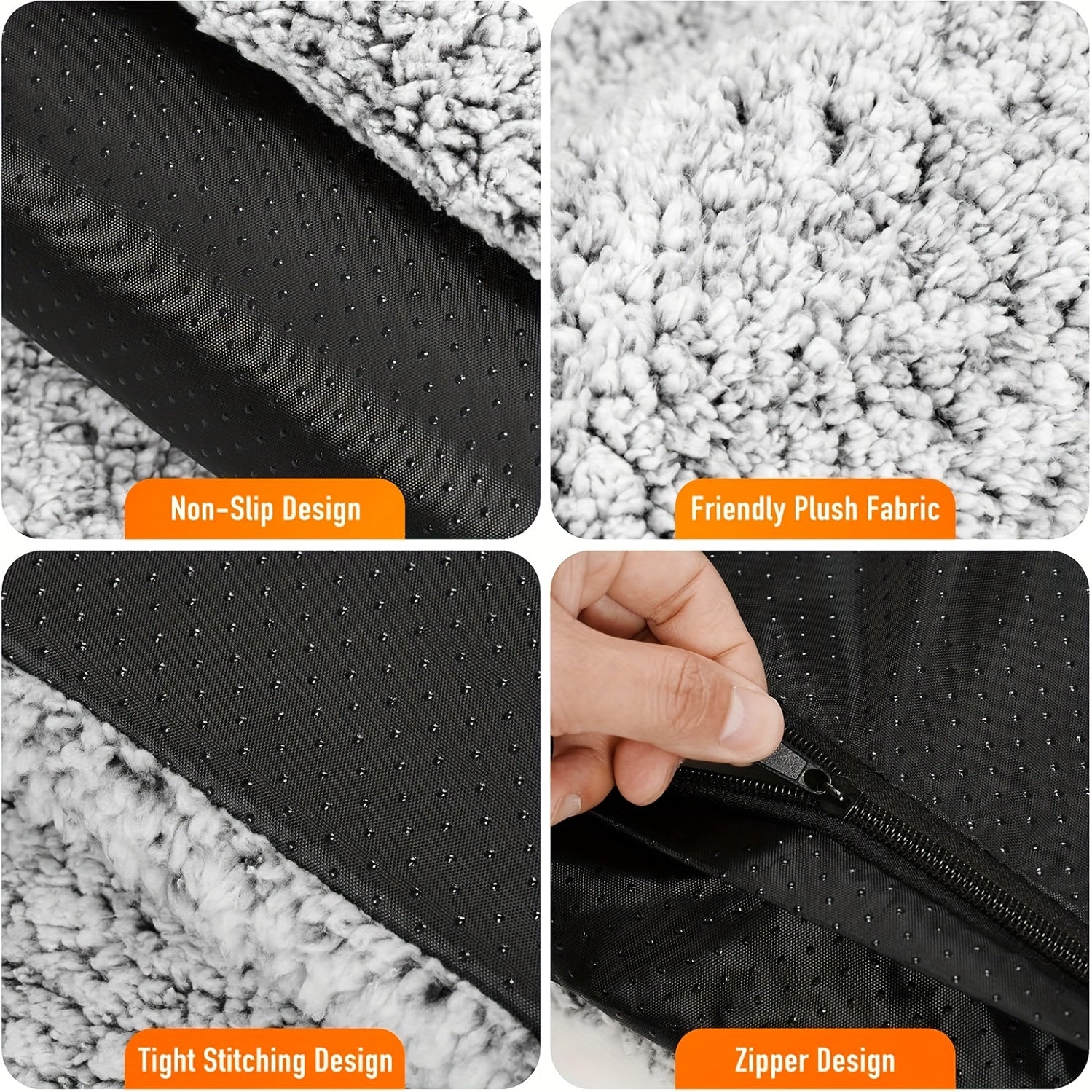 Pet mattress close-up: black non-slip backing, gray plush top, zipper opening
