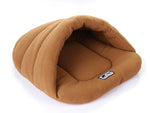 Camel pet cave sleeping bag with curved hood and logo patch