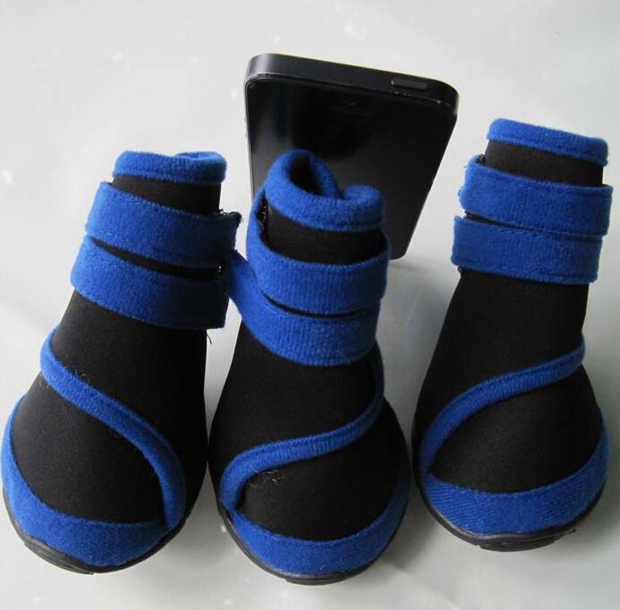 Blue and black pet dog shoes with hook-and-loop straps and non-slip textured soles