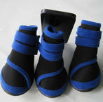 Blue and black pet dog shoes with hook-and-loop straps and non-slip textured soles