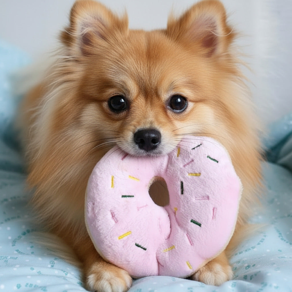 Small dog holding a pink plush donut toy with sprinkles and center hole