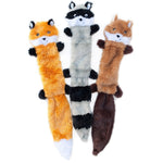 Animal-shaped plush squeaky pet toy set, three long designs in yellow, gray, and brown
