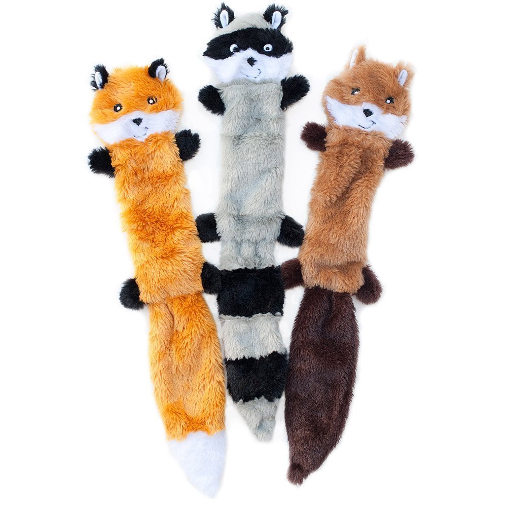 Animal-shaped plush squeaky pet toy set, three long designs in yellow, gray, and brown