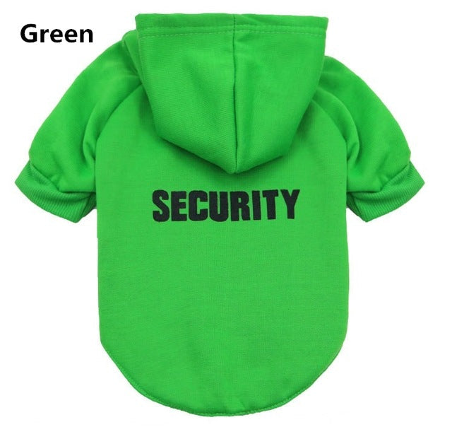 Green fleece security pet sweater with hood and 'SECURITY' chest print
