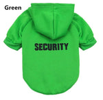 Green fleece security pet sweater with hood and 'SECURITY' chest print