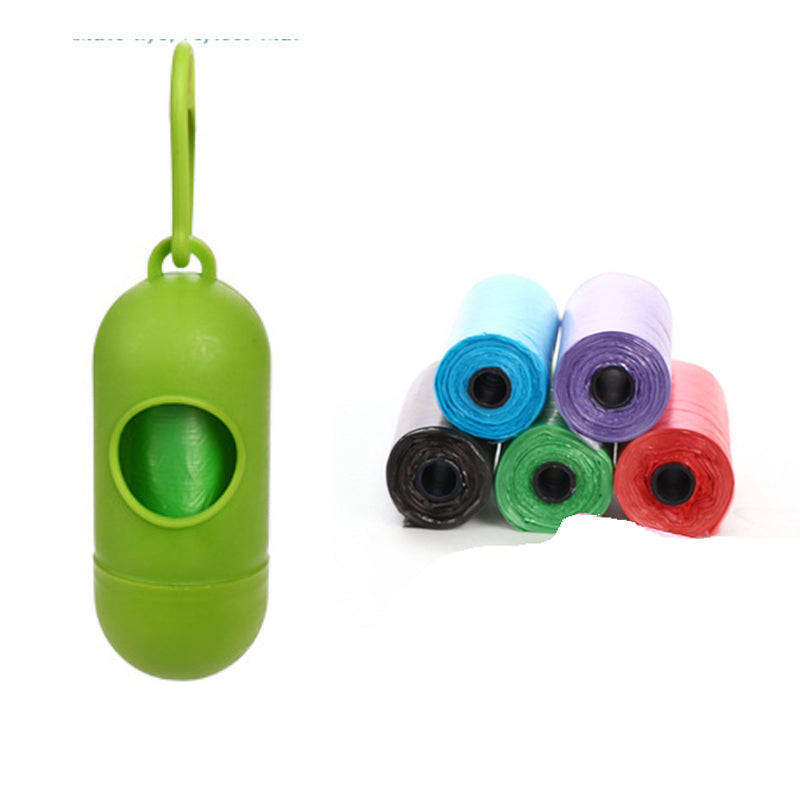 Green pet waste bag dispenser plus assorted bag roll colors: light blue, purple, black, green, red