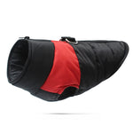Dog warm cotton vest in red and black, padded design with front leg opening
