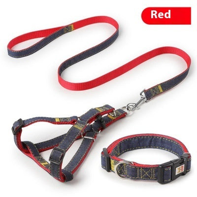 Red dog leash and matching collar set with metal clasp and stitched fabric