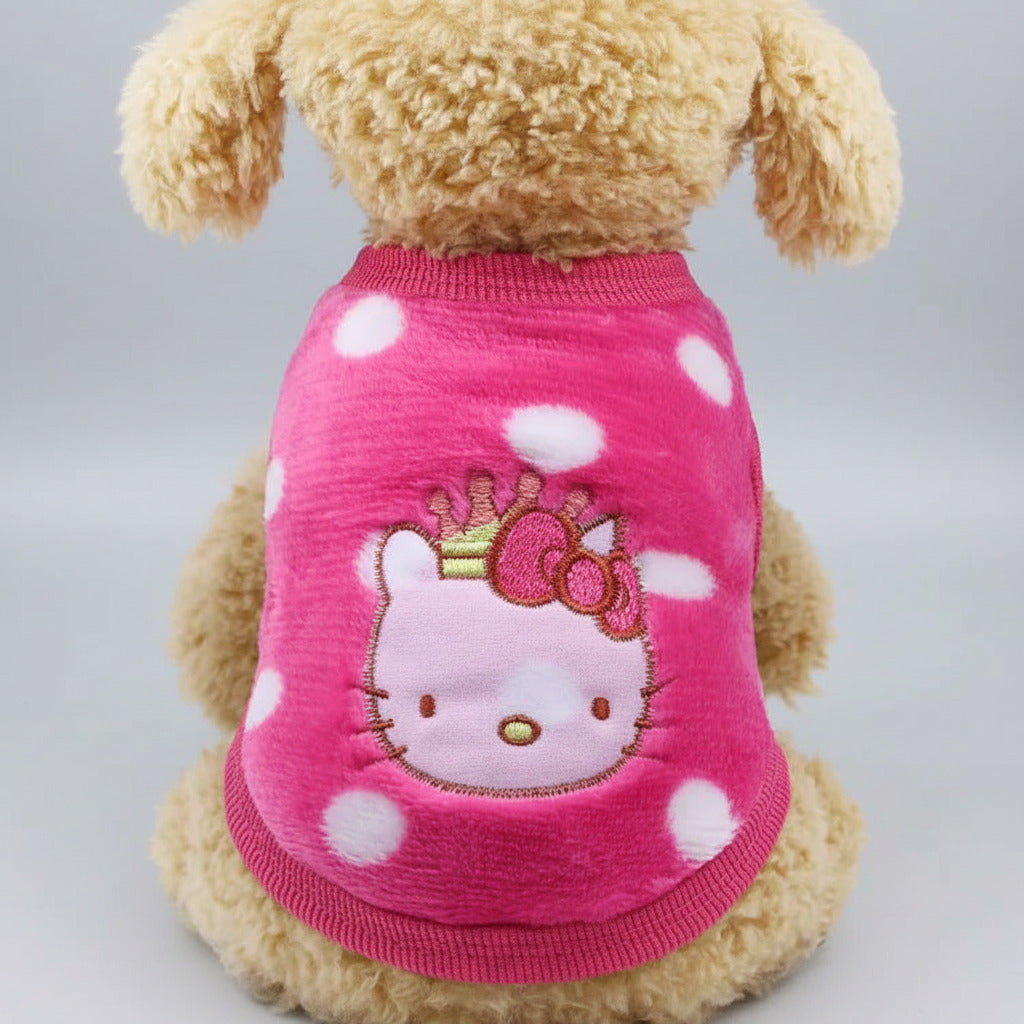 Pet fleece vest in pink with white polka dots and Hello Kitty-style face