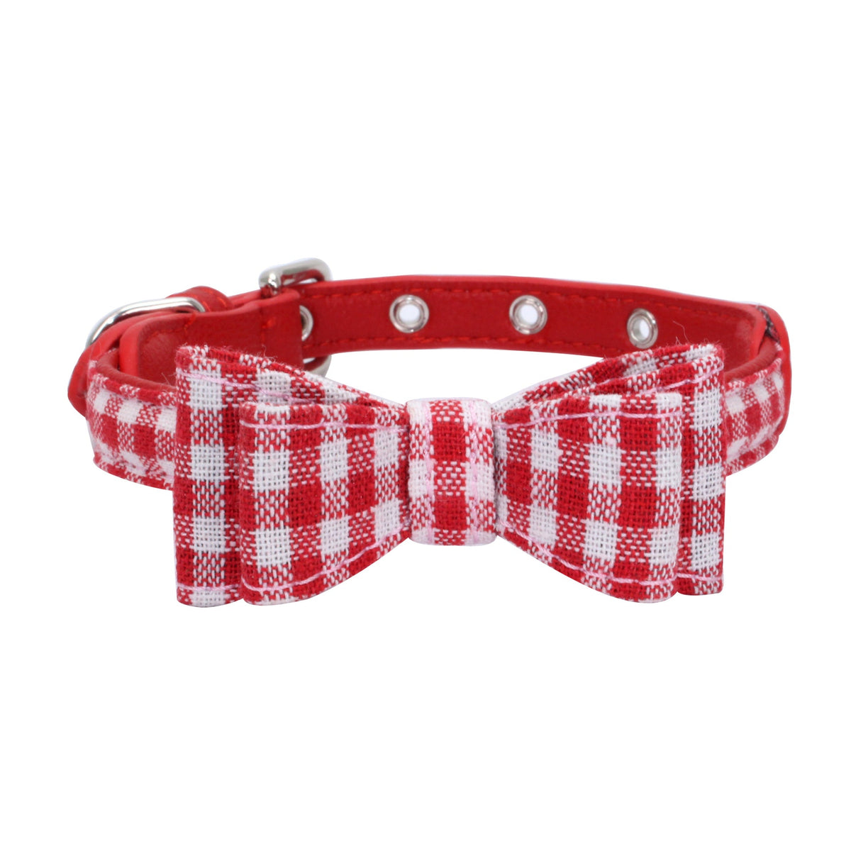 Red pet collar with bow, white buffalo-check pattern, and silver grommet studs