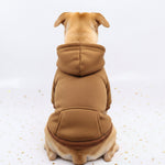 Dog sweater with front pocket patch, tan brown knit hoodie and ribbed cuffs