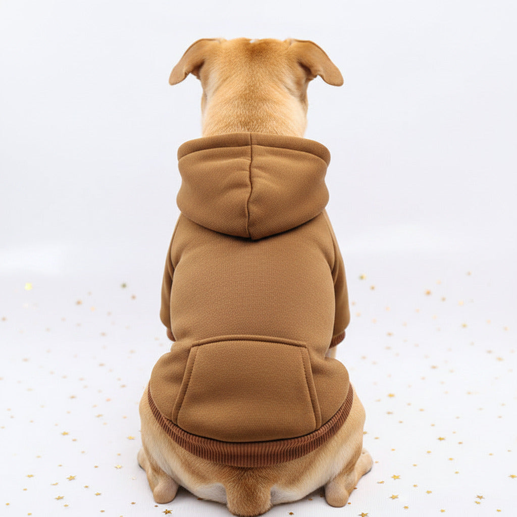 Dog sweater with front pocket patch, tan brown knit hoodie and ribbed cuffs
