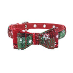 Pet collar with red strap and glittery bow, green accents, star sparkle print, silver studs